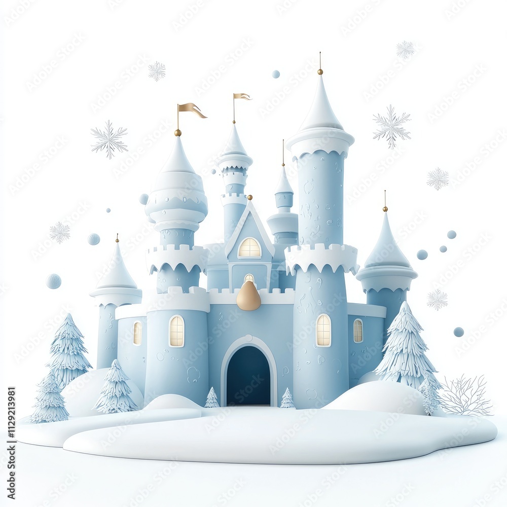 Fantasy Winter Castle with Snowflakes and Pine Trees in Background Fantasy Winter Castle with Snowflakes and Pine Trees in Background