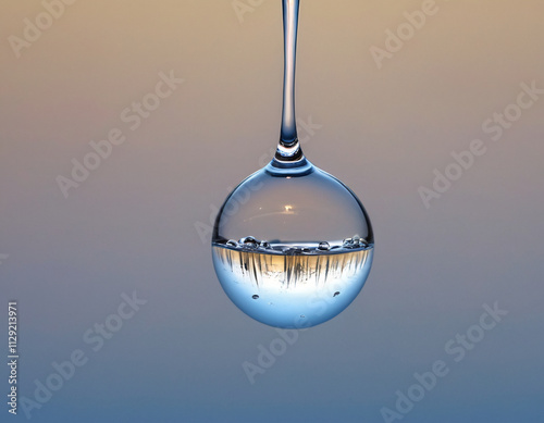 Reflection of Nature in a Water Droplet Suspended in the Air at Sunset