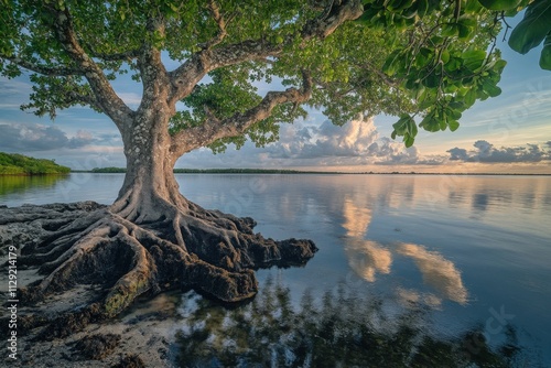 serene tree by the water at sunset