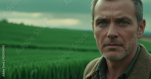Man Stands in Green Field Under Dramatic Sky, Contemplating Life's Challenges