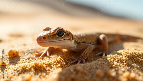 A small desert gecko basks in the sun on the warm sand. Its skin reflects the light.  The background is blurred.