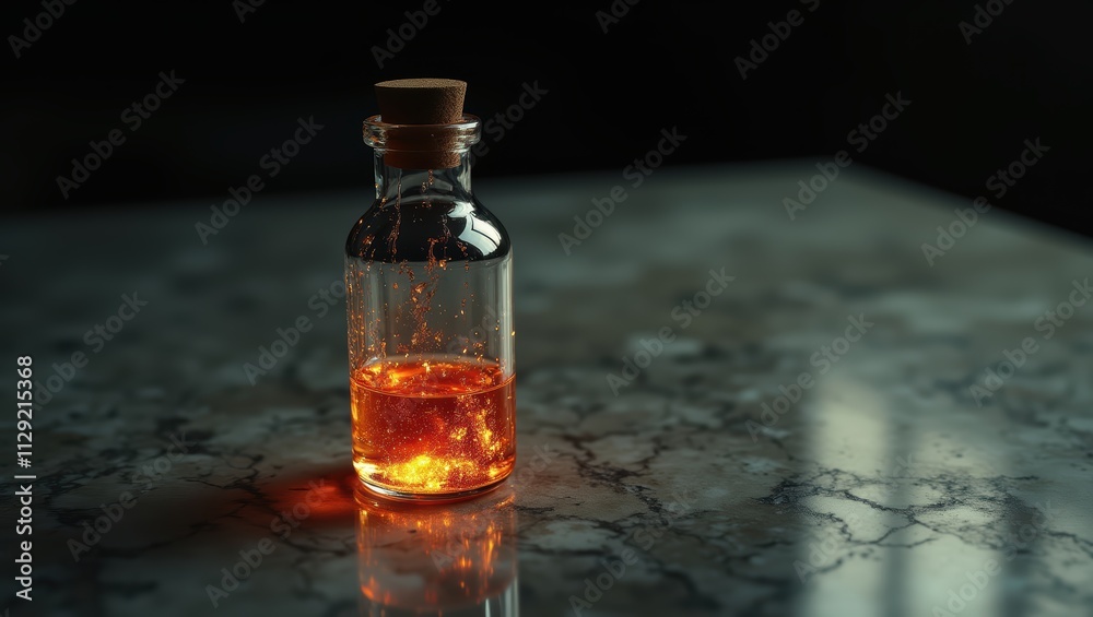 Glowing Amber Elixir in Glass Bottle on Marble Surface Glowing Amber Elixir in Glass Bottle on Marble Surface