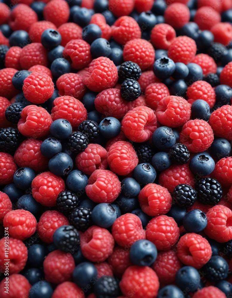 Close-up shot of ripe raspberries, blueberries, and blackberries in a colorful mix, fruits, healthy eating, fresh, juicy Close-up shot of ripe raspberries, blueberries, and blackberries in a colorful mix, fruits, healthy eating, fresh, juicy