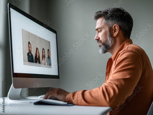 A man focuses intently on a video conference call, showcasing modern remote work dynamics and technology in communication.