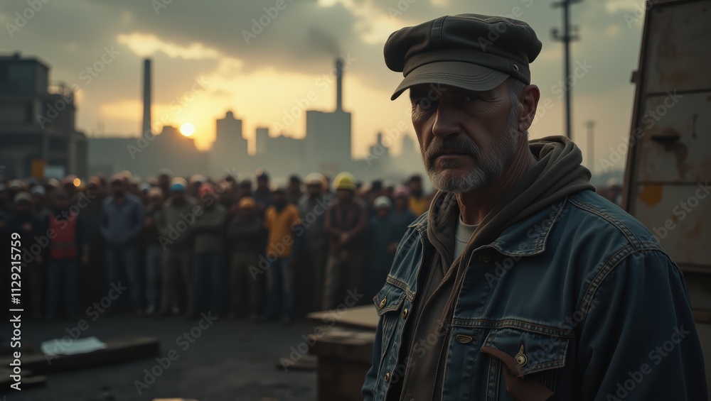 Steelworker at Sunset, Industrial Landscape Steelworker at Sunset, Industrial Landscape