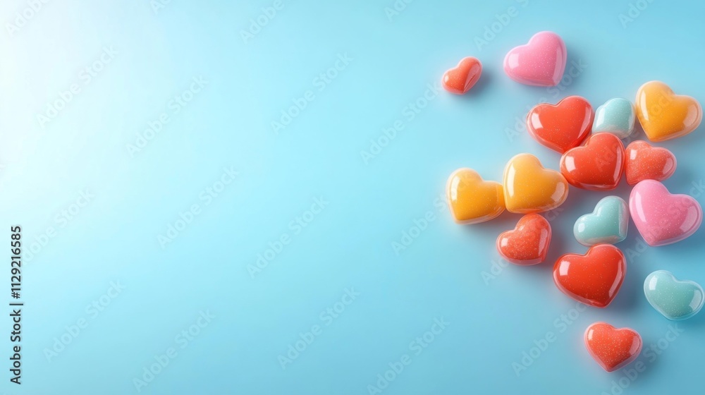 Collection of Colorful Heart-shaped Candy on Blue Background. Generative AI Collection of Colorful Heart-shaped Candy on Blue Background. Generative AI