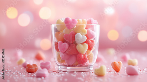 A glass vase filled with colorful candy hearts and tiny candy crumbs scattered on a light pink floor wide angle