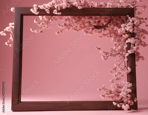 Elegant Wooden Frame Adorned With Delicate Cherry Blossoms Against a Soft Pink Background