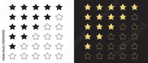 Product rating star  icons set. Collection of stars for different levels ratings. Customer review with gold stars and black color star on white and black background.  Vector illustration.