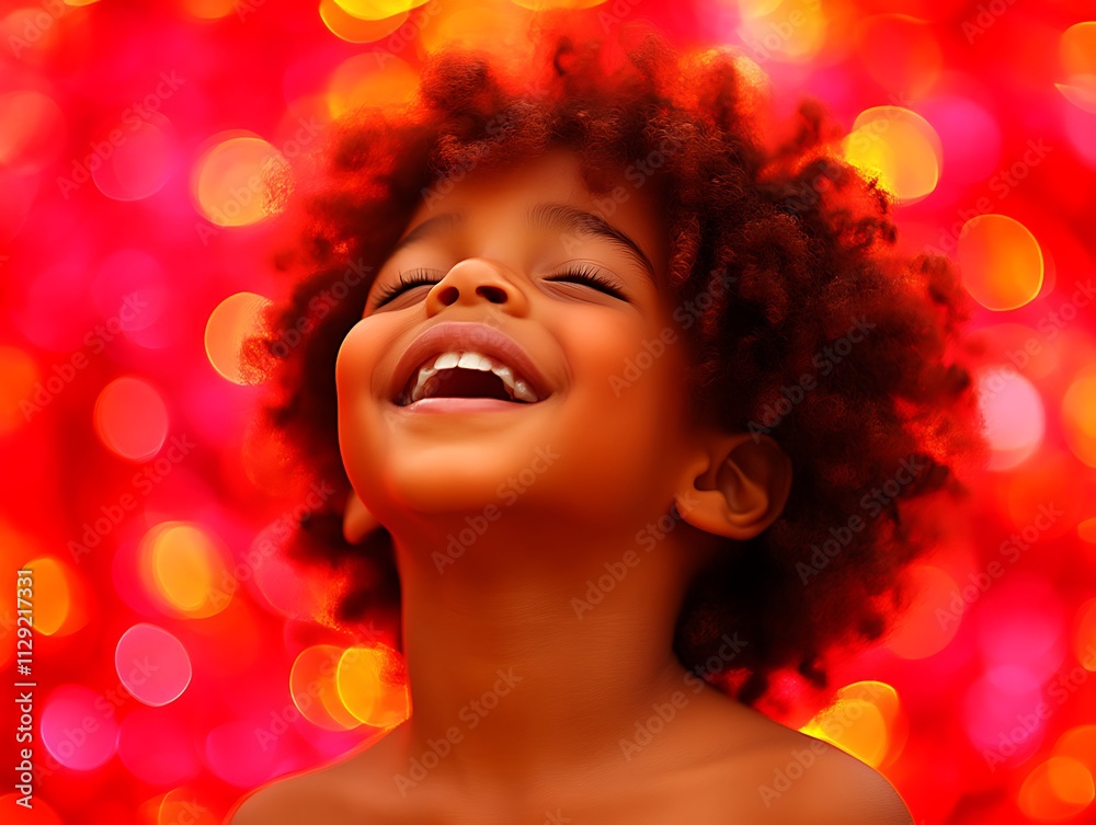 Fototapeta premium Happy Child Smiles Against Red Bokeh Background
