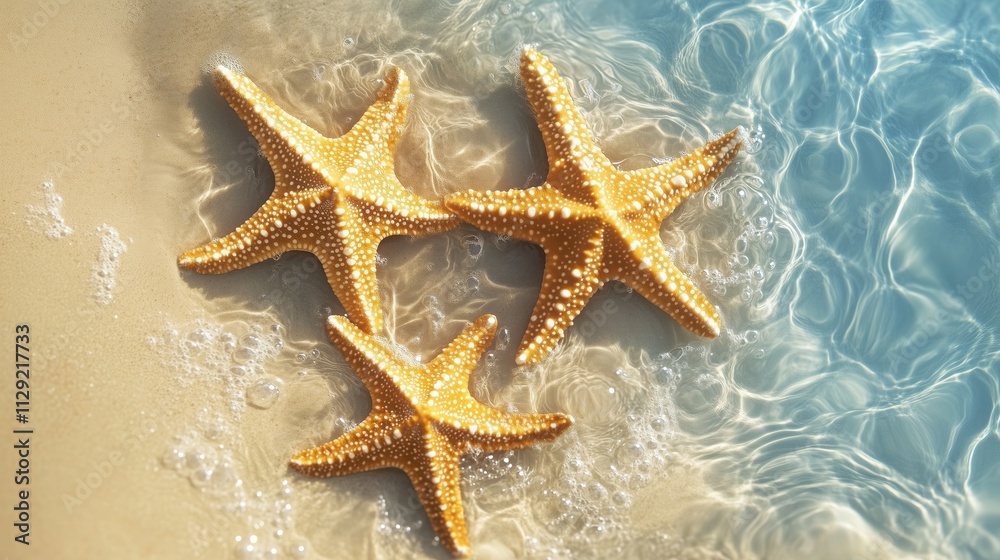 Three starfishes resting on the warm sand, gently washed by the crystal-clear turquoise water of a tropical beach, create a serene and idyllic summer paradise scene Three starfishes resting on the warm sand, gently washed by the crystal-clear turquoise water of a tropical beach, create a serene and idyllic summer paradise scene