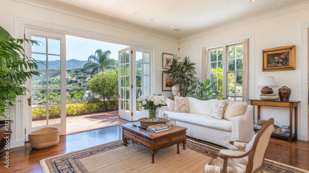 Fototapeta premium Bright and Airy Living Room with Scenic Mountain View