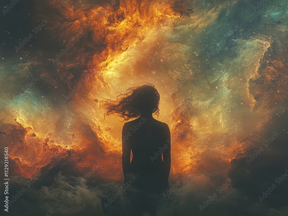A dark silhouette of a woman contemplating the cosmic nebula outer space digital art ethereal environment profile view self-reflection A dark silhouette of a woman contemplating the cosmic nebula outer space digital art ethereal environment profile view self-reflection