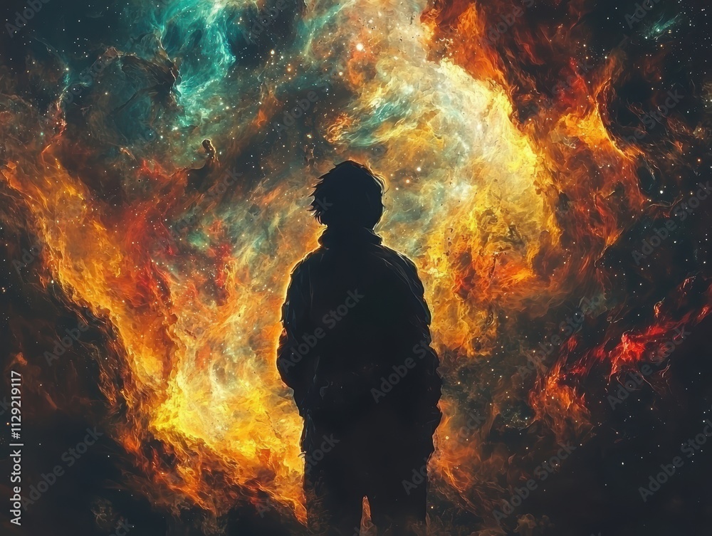 Mysterious silhouette of a man against a cosmic background night scene high fidelity art surreal environment dreamlike concept