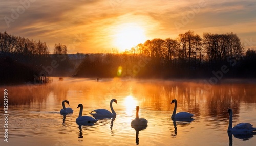 Whispers of Dawn: Swans Over a Peaceful Lake photo