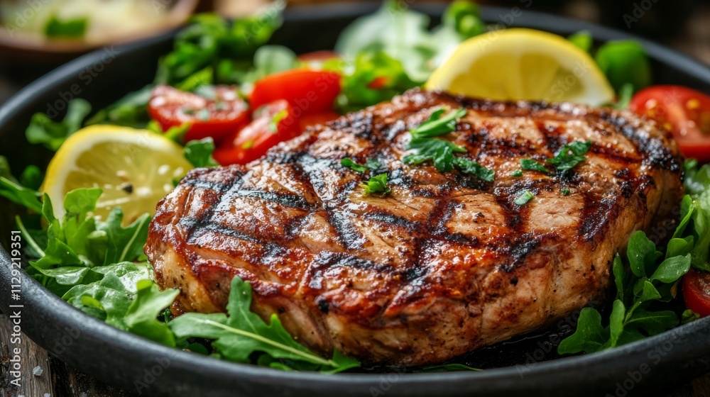 Grilled Steak Served on a Bed of Fresh Salad with Lemon Slices Grilled Steak Served on a Bed of Fresh Salad with Lemon Slices