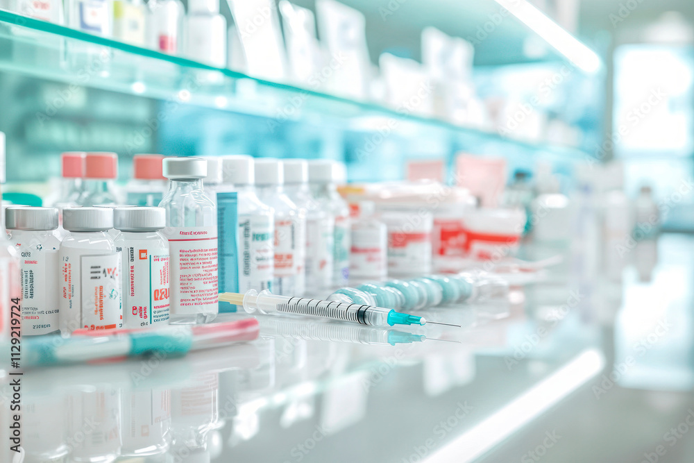 Medical supplies on a pharmacy counter Medical supplies on a pharmacy counter