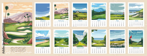 Golf Course Calendar 2025. Vector Illustration, Modern Wall Art Prints for Poster, Flyer, Invitation, Ticket, or Background
