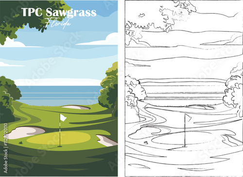 Golf Course. Vector modern illustration of TPC Sawgrass Golf Course, Florida with club and hole, golf course for poster, flyer, invitation, ticket or background