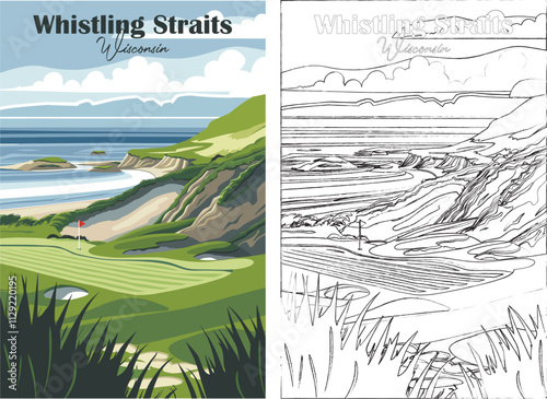 Golf Course. Vector modern illustration of Whistling Straits Golf Course, Wisconsin with club and hole, golf course for poster, flyer, invitation, ticket or background