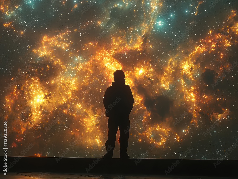 Man silhouette against cosmic background outer space digital art starry environment wide angle exploration of the universe