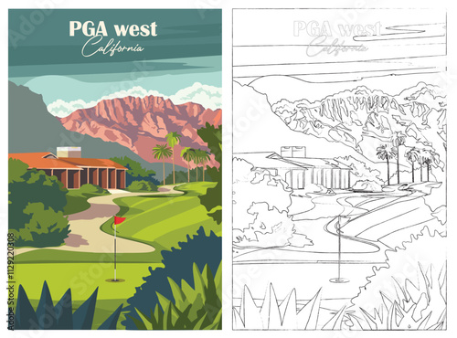 Golf Course. Vector modern illustration of PGA West golf courses, California with club and hole, golf course for poster, flyer, invitation, ticket or background