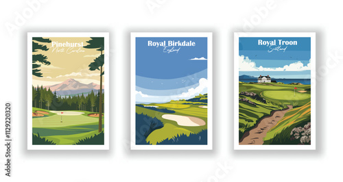 Golf Course. Vector modern illustration of Pinehurst Golf Course, North Carolina, Royal Troon Golf Club, Scotland, Royal Birkdale Golf Club, England