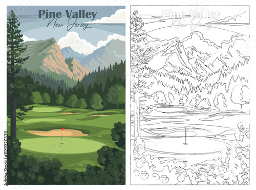 Golf Course. Vector modern illustration of Pine Valley Golf Club, New Jersey with club and hole, golf course for poster, flyer, invitation, ticket or background