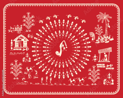 Circle of Life: A Peaceful Warli Scene. Warli art rural life, Warli village scene, Indian folk art rural, Warli countryside painting