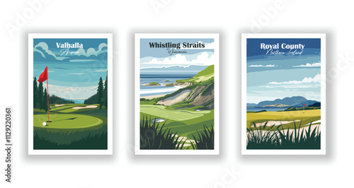 Golf Course. Vector illustration of Royal County Down, Valhalla, Whistling Straits