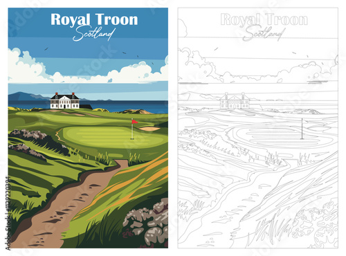 Golf Course. Vector illustration of Royal Troon Golf Club, Scotland