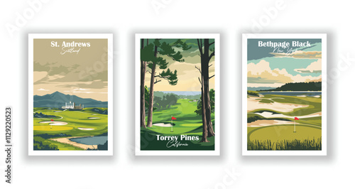 Golf Course. Vector illustration of St. Andrews, Torrey Pines, Bethpage Black