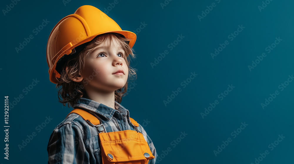 Little boy in safety helmet and worker clothes looks ahead on dark green background with copy space Little boy in safety helmet and worker clothes looks ahead on dark green background with copy space