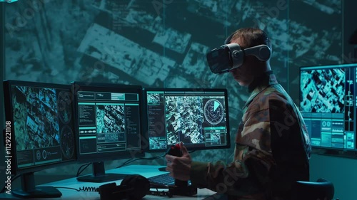 Wallpaper Mural Military soldier operating advanced technology in a command center. Torontodigital.ca