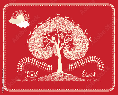 Circle of Life: A Peaceful Warli Scene. Warli art rural life, Warli village scene, Indian folk art rural, Warli countryside painting