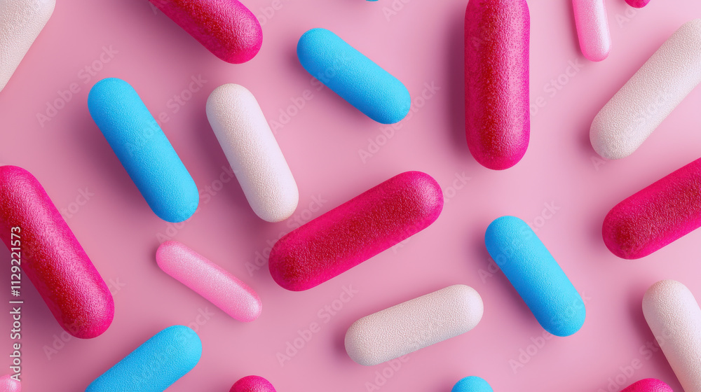 Bacteria Exposure concept. Colorful capsules and pills scattered on pink background, creating vibrant pattern Bacteria Exposure concept. Colorful capsules and pills scattered on pink background, creating vibrant pattern