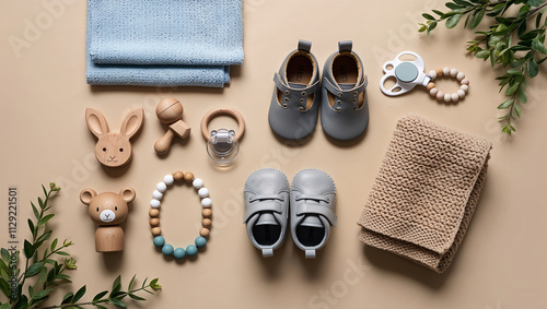 Baby accessories, shoes, toys, and blankets forming a flat lay composition photo