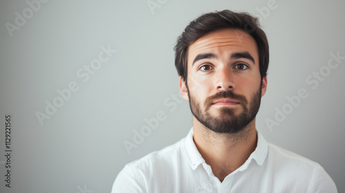 Thoughtful handsome man in white shirt on light background 