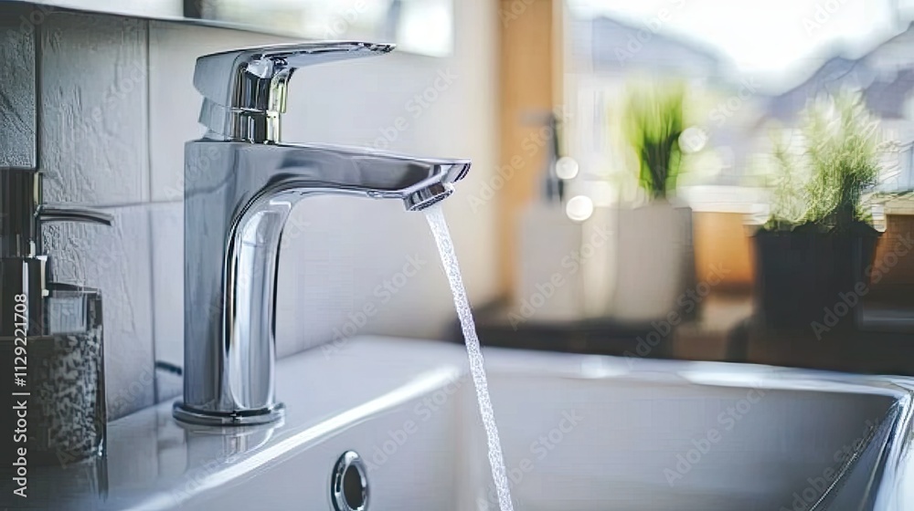 Sleek Metal Faucet Over Ceramic Sink in Modern Setting Sleek Metal Faucet Over Ceramic Sink in Modern Setting