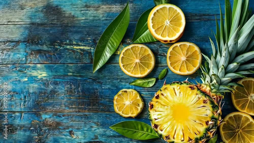 Fresh pineapple and lemon slices arranged on a rustic blue wooden table with green leaves adding a vibrant touch