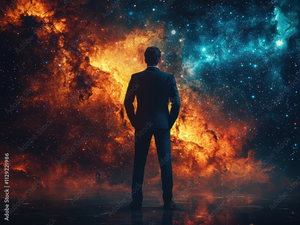 Man silhouetted against cosmic explosion space digital art futuristic dramatic inspiration and exploration Man silhouetted against cosmic explosion space digital art futuristic dramatic inspiration and exploration