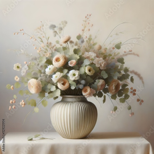 A similar still life image of a bouquet of pale ranunculus flowers in a ribbed, light beige vase.