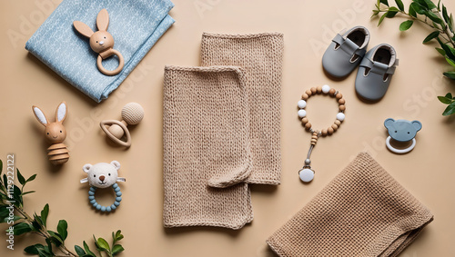 Baby clothing and accessories arranged on beige background