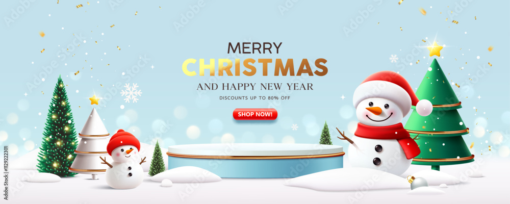 Fototapeta premium Merry Christmas and happy new year podium, Snowman, pine tree, banner design white snow, on blue background, Eps 10 vector illustration