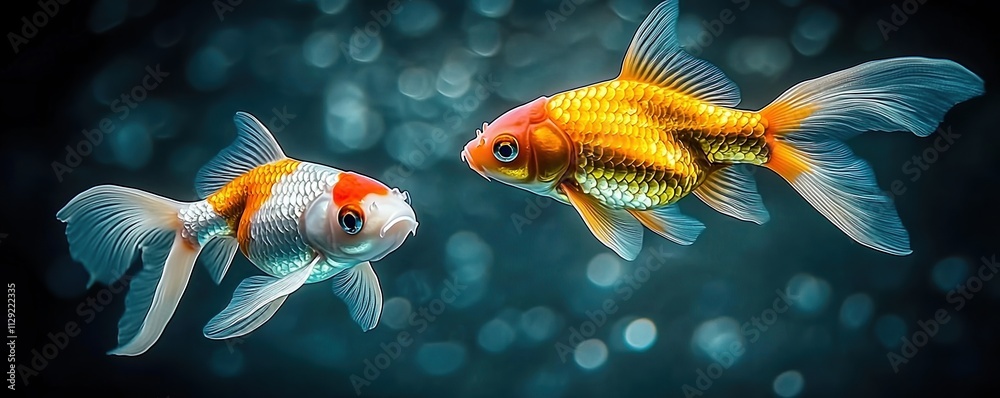Fototapeta premium Vibrant goldfish swim gracefully in a sparkling aquatic environment filled with shimmering light