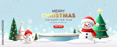 Merry Christmas and happy new year podium, Snowman, pine tree, banner design white snow, on blue background, Eps 10 vector illustration
