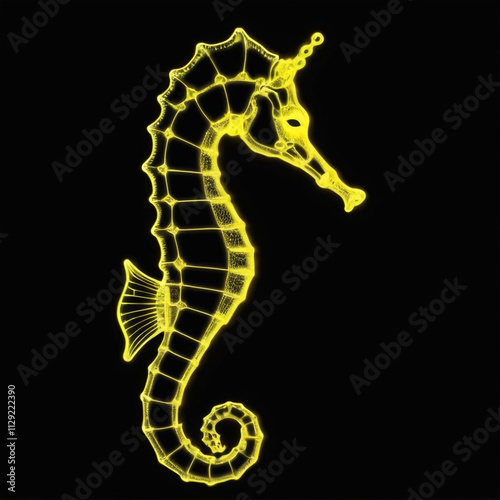 silhouette of a seahorse crafted from yellow lines and shades on black background