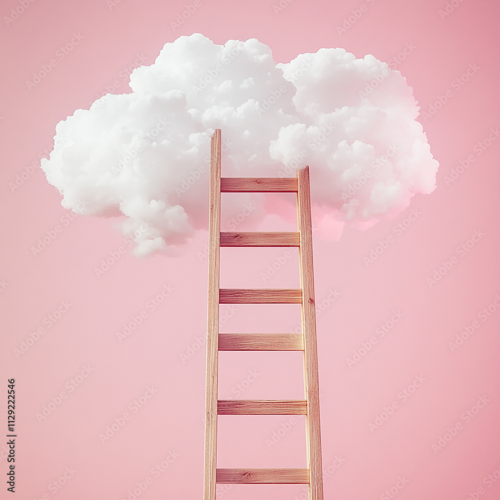 A ladder leading to the clouds, pink background, minimalist style, simple composition, white fluffy clouds floating in front of it A ladder leading to the clouds, pink background, minimalist style, simple composition, white fluffy clouds floating in front of it