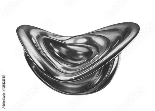 3D abstract silver object, twisted liquid metal chrome, with smooth curvy shapes, grainy noise texture, transparent PNG background. abstract futuristic modern design