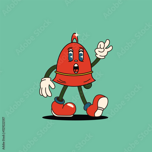 A surprised red bell character with arms and legs, wearing red shoes and giving an okay sign. Perfect for fun, playful designs related to sound, alerts, and notifications.
